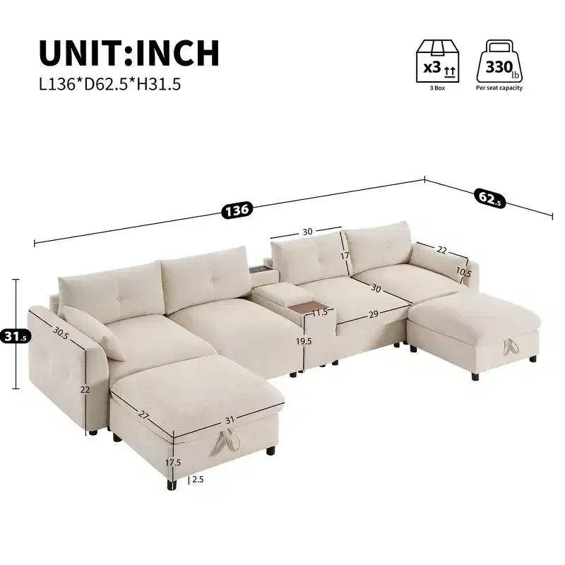 Whisen 136'' Modular U-Shaped Sectional Sofa with Console, Cup Holder, Movable Storage Ottoman