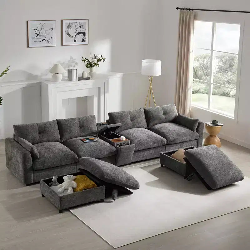 Whisen 136'' Modular U-Shaped Sectional Sofa with Console, Cup Holder, Movable Storage Ottoman
