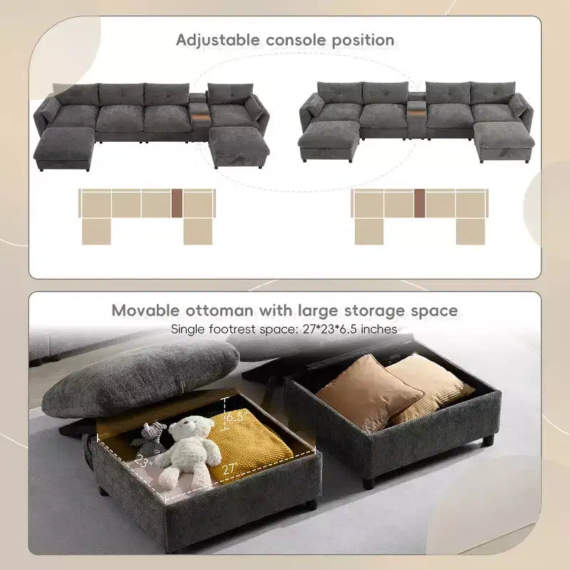 Whisen 136'' Modular U-Shaped Sectional Sofa with Console, Cup Holder, Movable Storage Ottoman
