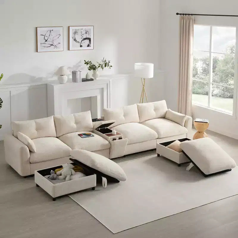 Whisen 136'' Modular U-Shaped Sectional Sofa with Console, Cup Holder, Movable Storage Ottoman