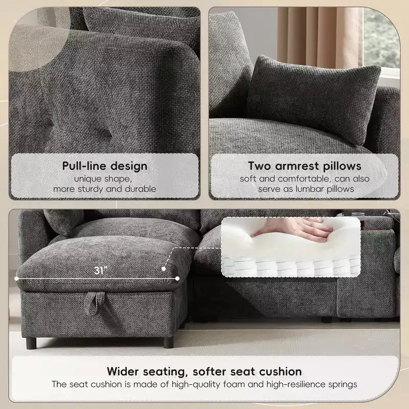 Whisen 136'' Modular U-Shaped Sectional Sofa with Console, Cup Holder, Movable Storage Ottoman