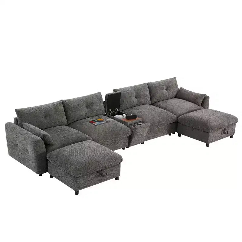Whisen 136'' Modular U-Shaped Sectional Sofa with Console, Cup Holder, Movable Storage Ottoman