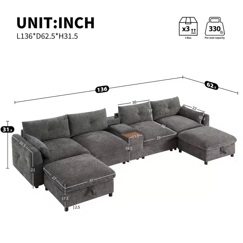 Whisen 136'' Modular U-Shaped Sectional Sofa with Console, Cup Holder, Movable Storage Ottoman