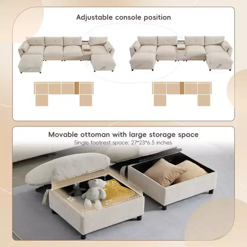 Whisen 136'' Modular U-Shaped Sectional Sofa with Console, Cup Holder, Movable Storage Ottoman