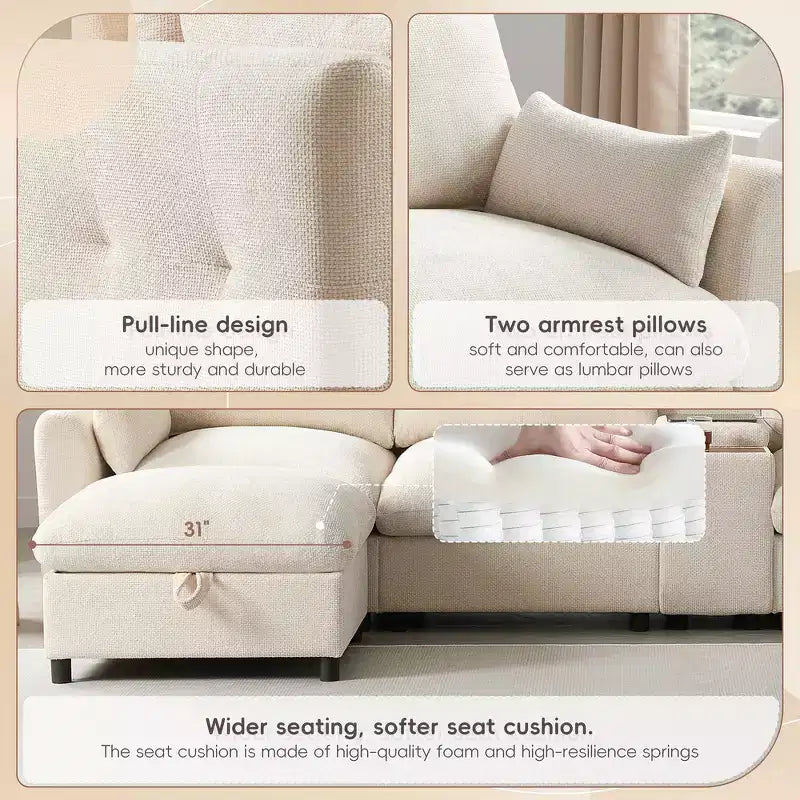 Whisen 136'' Modular U-Shaped Sectional Sofa with Console, Cup Holder, Movable Storage Ottoman