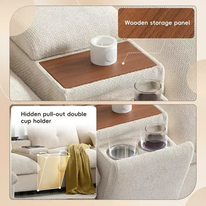 Whisen 136'' Modular U-Shaped Sectional Sofa with Console, Cup Holder, Movable Storage Ottoman