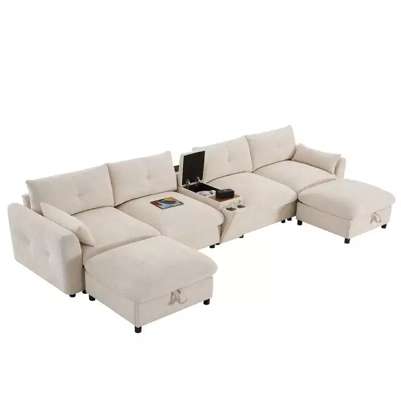Whisen 136'' Modular U-Shaped Sectional Sofa with Console, Cup Holder, Movable Storage Ottoman