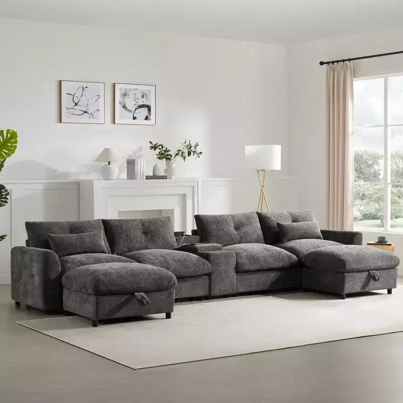 Canapé d'angle modulaire en U Whisen 136'' avec console, porte-gobelets et pouf de rangement mobile