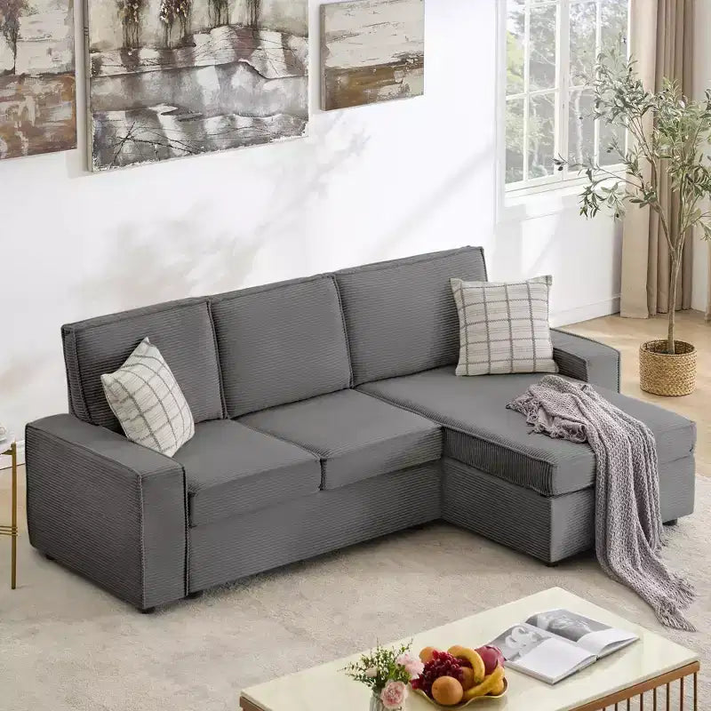 Sofa, L-Shaped Modular Sectional  Deep Seat Corduroy Convertible Sleeper Sofa Bed with Washable Covers for Living Room/Office Gray
