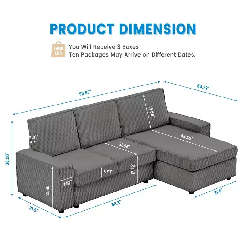 Sofa, L-Shaped Modular Sectional  Deep Seat Corduroy Convertible Sleeper Sofa Bed with Washable Covers for Living Room/Office Gray