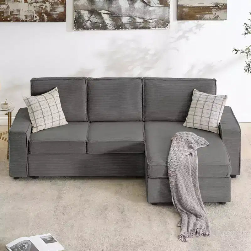 Sofa, L-Shaped Modular Sectional  Deep Seat Corduroy Convertible Sleeper Sofa Bed with Washable Covers for Living Room/Office Gray