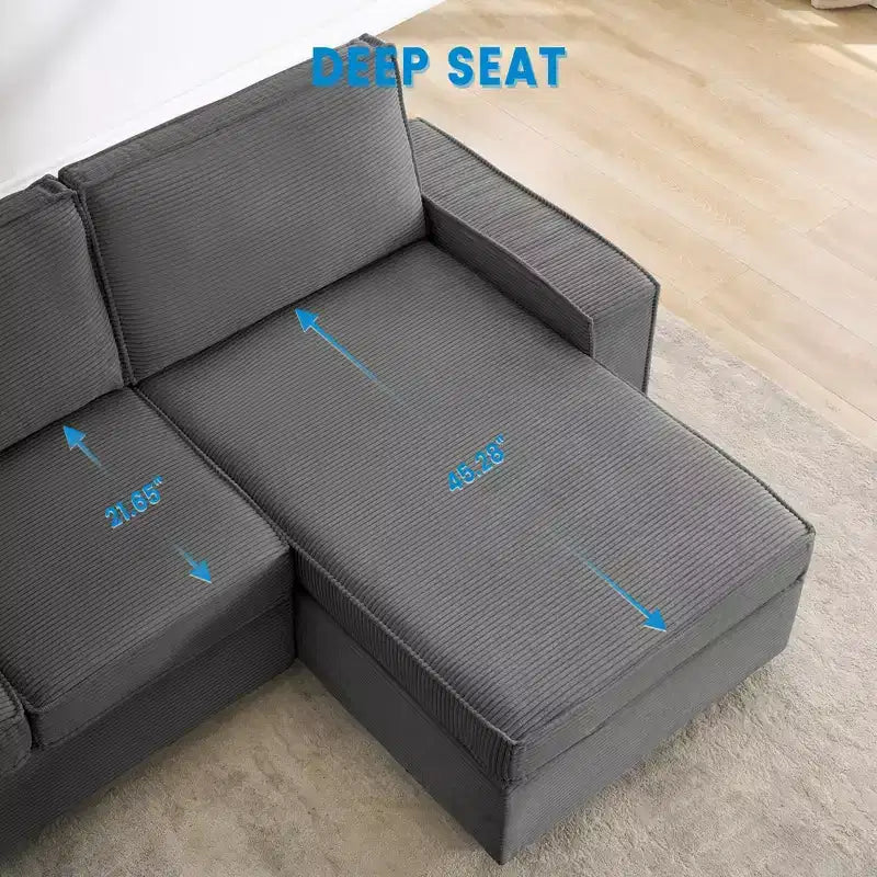 Sofa, L-Shaped Modular Sectional  Deep Seat Corduroy Convertible Sleeper Sofa Bed with Washable Covers for Living Room/Office Gray
