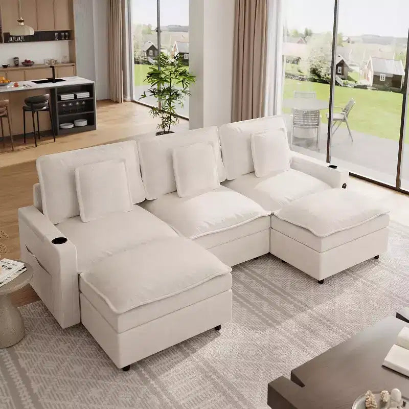108 U-Shaped Chenille Cloud Couch  3-Seater Sectional with Storage Armrest, Ottoman, Charging & Cup Holder