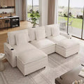 108 U-Shaped Chenille Cloud Couch  3-Seater Sectional with Storage Armrest, Ottoman, Charging & Cup Holder