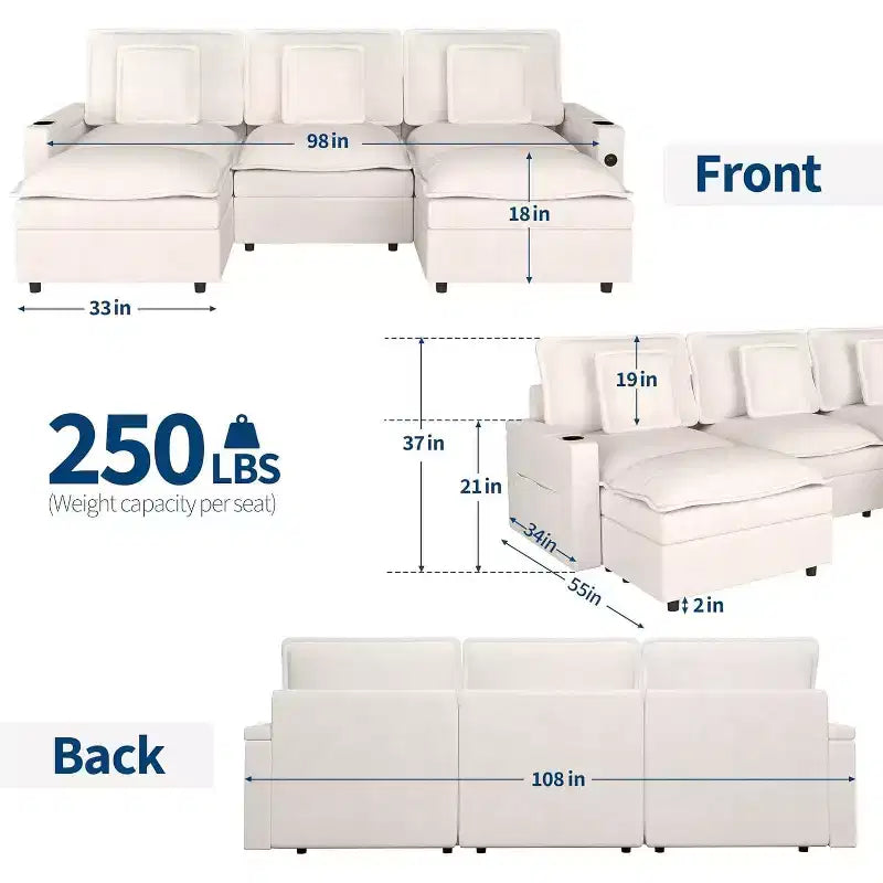 108 U-Shaped Chenille Cloud Couch  3-Seater Sectional with Storage Armrest, Ottoman, Charging & Cup Holder