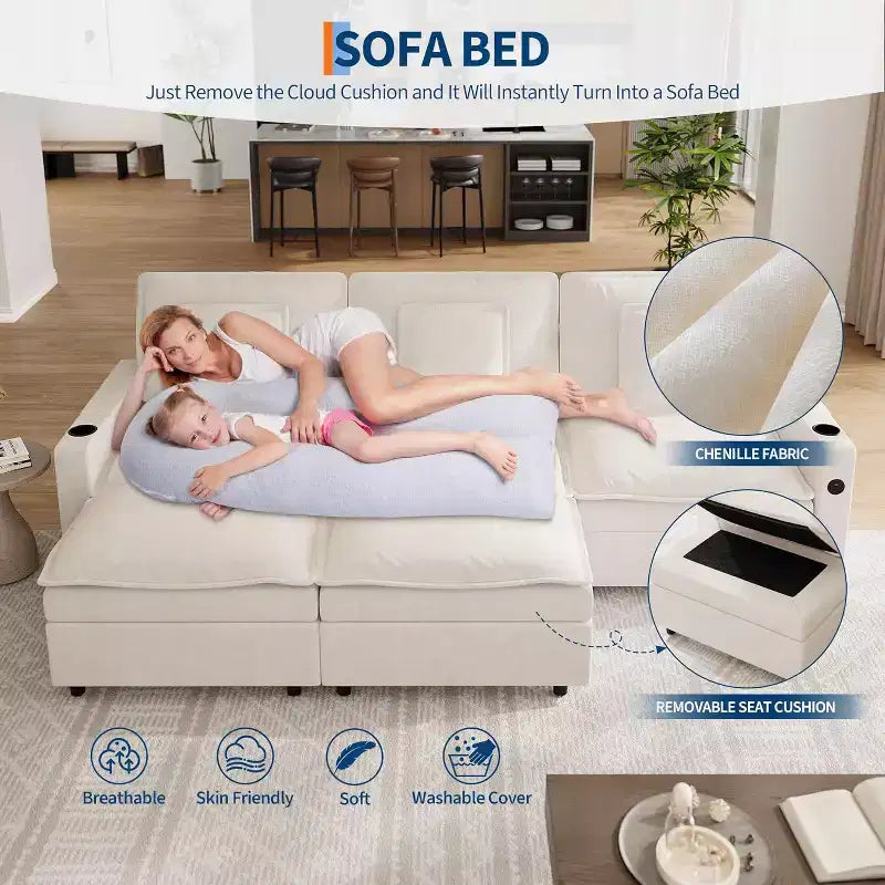 108 U-Shaped Chenille Cloud Couch  3-Seater Sectional with Storage Armrest, Ottoman, Charging & Cup Holder
