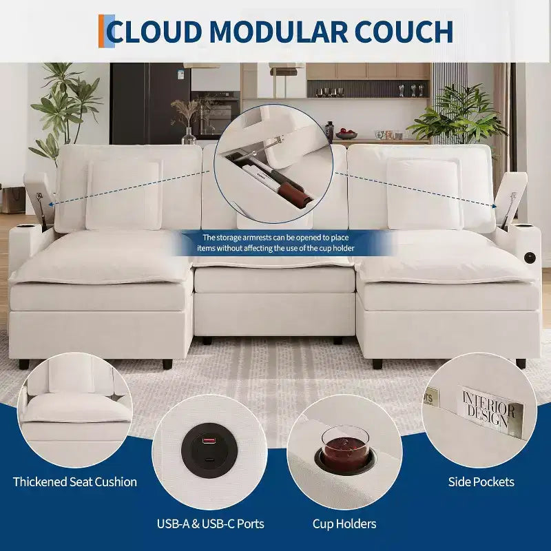 108 U-Shaped Chenille Cloud Couch  3-Seater Sectional with Storage Armrest, Ottoman, Charging & Cup Holder