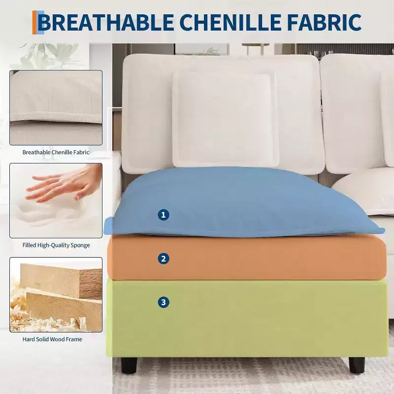 108 U-Shaped Chenille Cloud Couch  3-Seater Sectional with Storage Armrest, Ottoman, Charging & Cup Holder