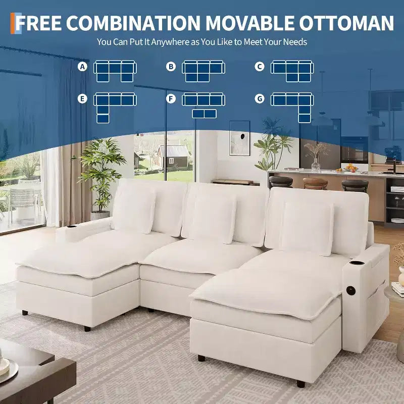 108 U-Shaped Chenille Cloud Couch  3-Seater Sectional with Storage Armrest, Ottoman, Charging & Cup Holder