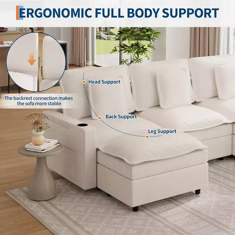 108 U-Shaped Chenille Cloud Couch  3-Seater Sectional with Storage Armrest, Ottoman, Charging & Cup Holder