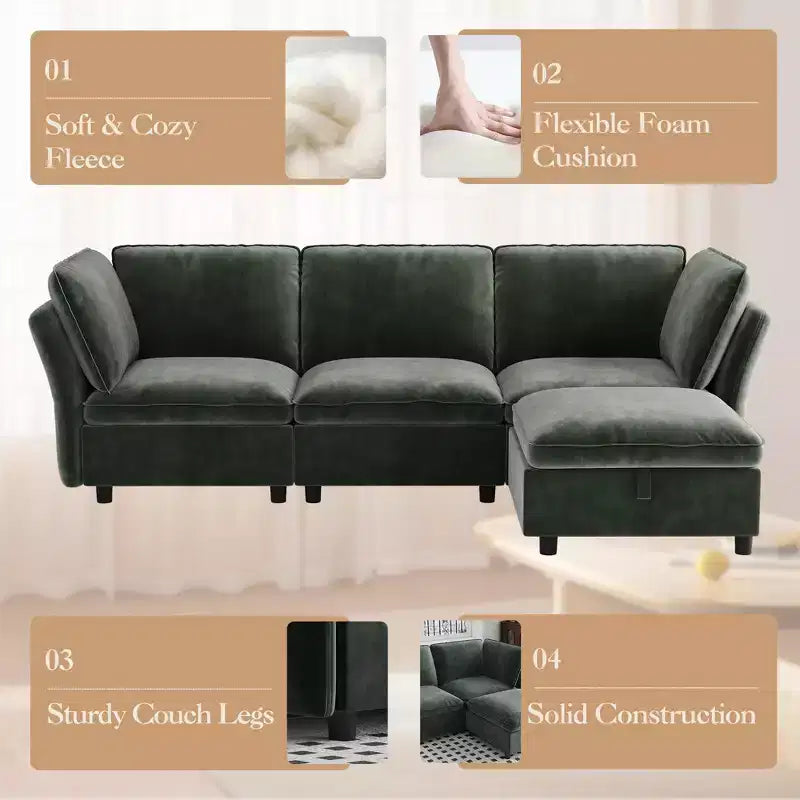 Sofa, Modular Mid-Seat Chair with Ottoman without Armrests  Velvet Deep Seat Decorative Pillows