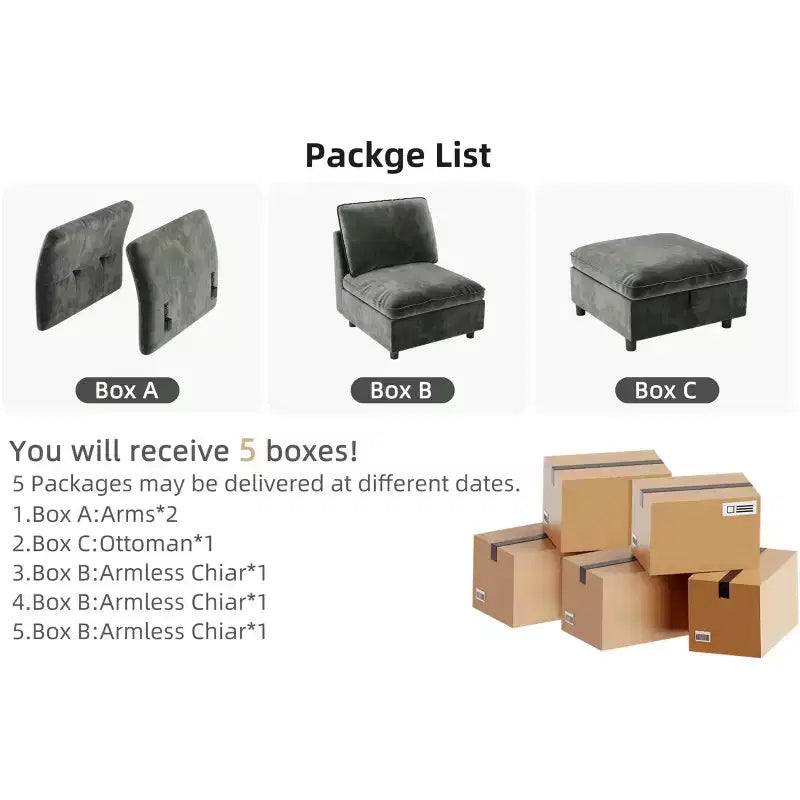 Sofa, Modular Mid-Seat Chair with Ottoman without Armrests  Velvet Deep Seat Decorative Pillows