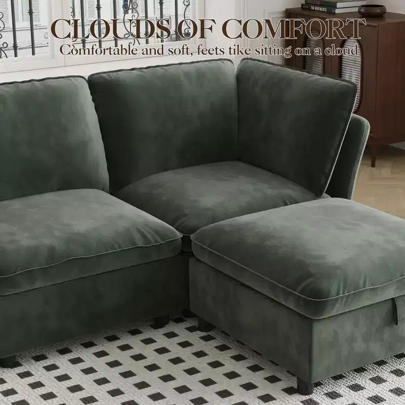 Sofa, Modular Mid-Seat Chair with Ottoman without Armrests  Velvet Deep Seat Decorative Pillows