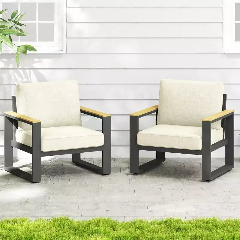 Heynemo Aluminum Outdoor Armchair, 2 Pieces All-Weather Metal Patio Single Sofa, Patio Conversation Set for Porch Backyard Garden, Beige
