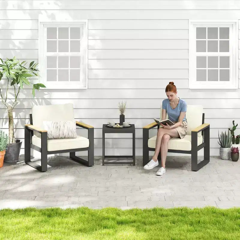 Heynemo Aluminum Outdoor Armchair, 2 Pieces All-Weather Metal Patio Single Sofa, Patio Conversation Set for Porch Backyard Garden, Beige