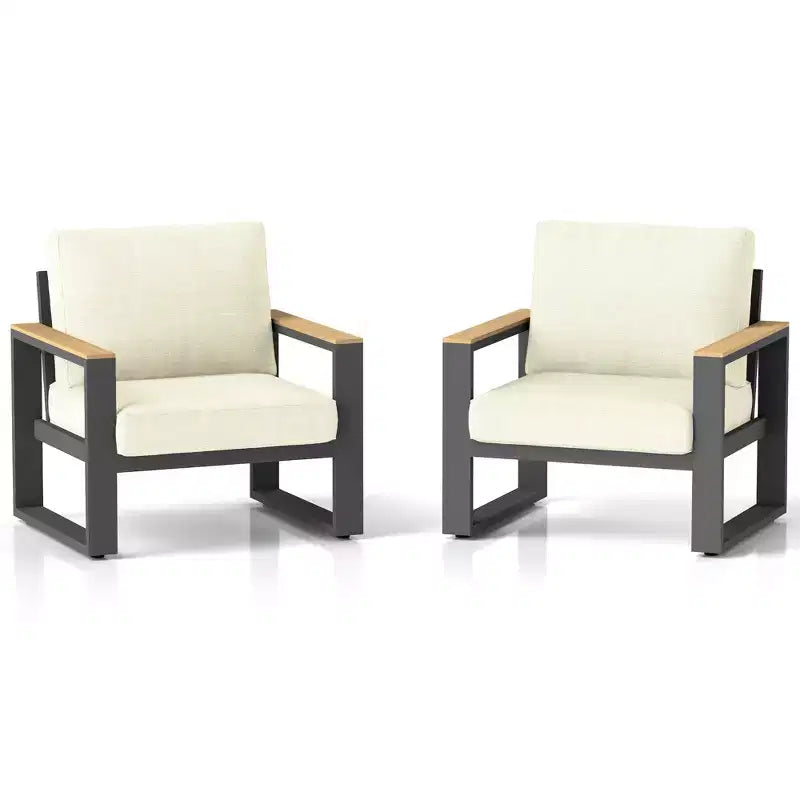 Heynemo Aluminum Outdoor Armchair, 2 Pieces All-Weather Metal Patio Single Sofa, Patio Conversation Set for Porch Backyard Garden, Beige
