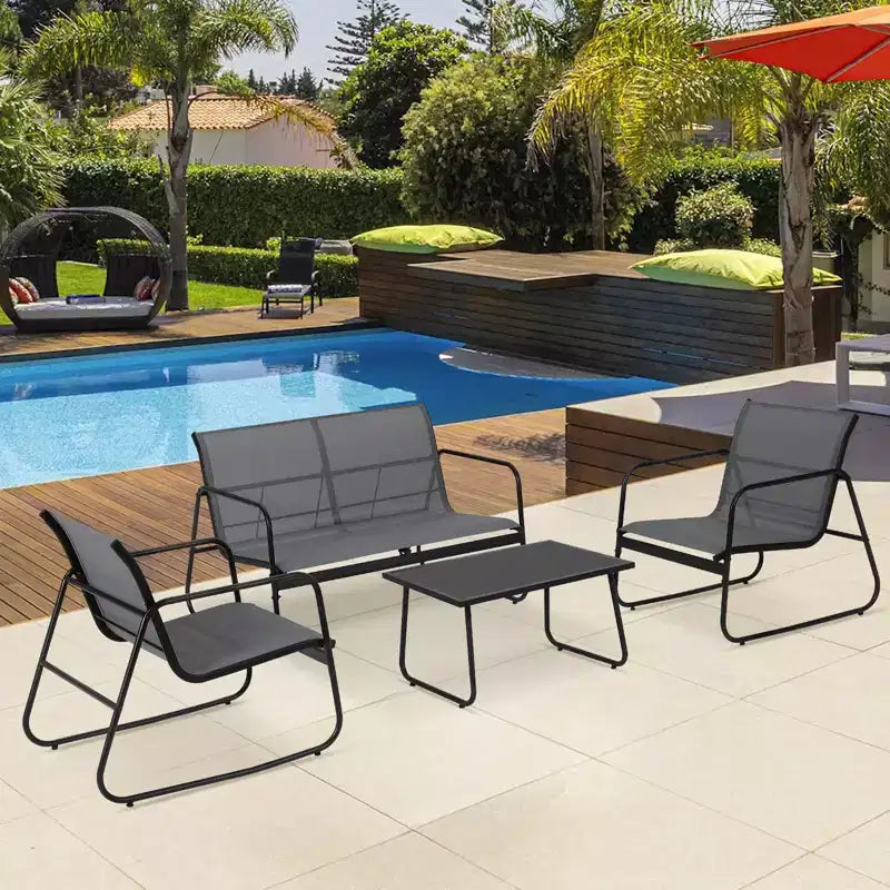 Juego de muebles de patio COZONY de 4 piezas con sofá de dos plazas, 2 sillas y mesa de centro de vidrio, juego de conversación de tela de textileno para todo tipo de clima