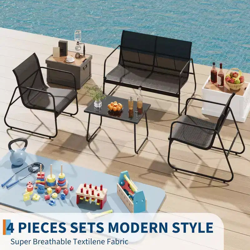Juego de muebles de patio COZONY de 4 piezas con sofá de dos plazas, 2 sillas y mesa de centro de vidrio, juego de conversación de tela de textileno para todo tipo de clima