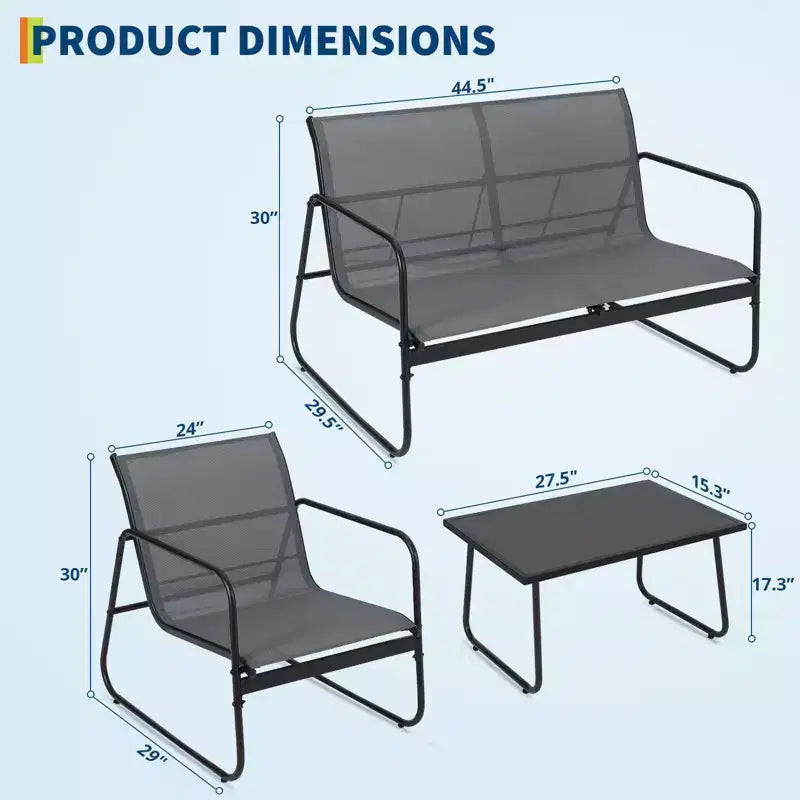 Juego de muebles de patio COZONY de 4 piezas con sofá de dos plazas, 2 sillas y mesa de centro de vidrio, juego de conversación de tela de textileno para todo tipo de clima