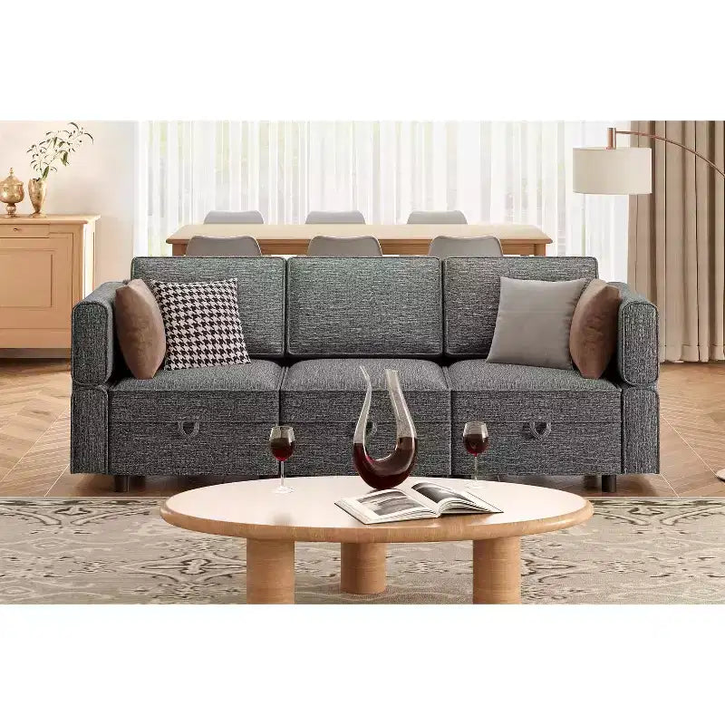 Sectional Sofa Lounge Sofa  87.4 Wide, Armrest + 3 Middle Modules, Deep 33 Seat, 26.8 Back, Tool-Free Snap Connectors for Living Room, Grey
