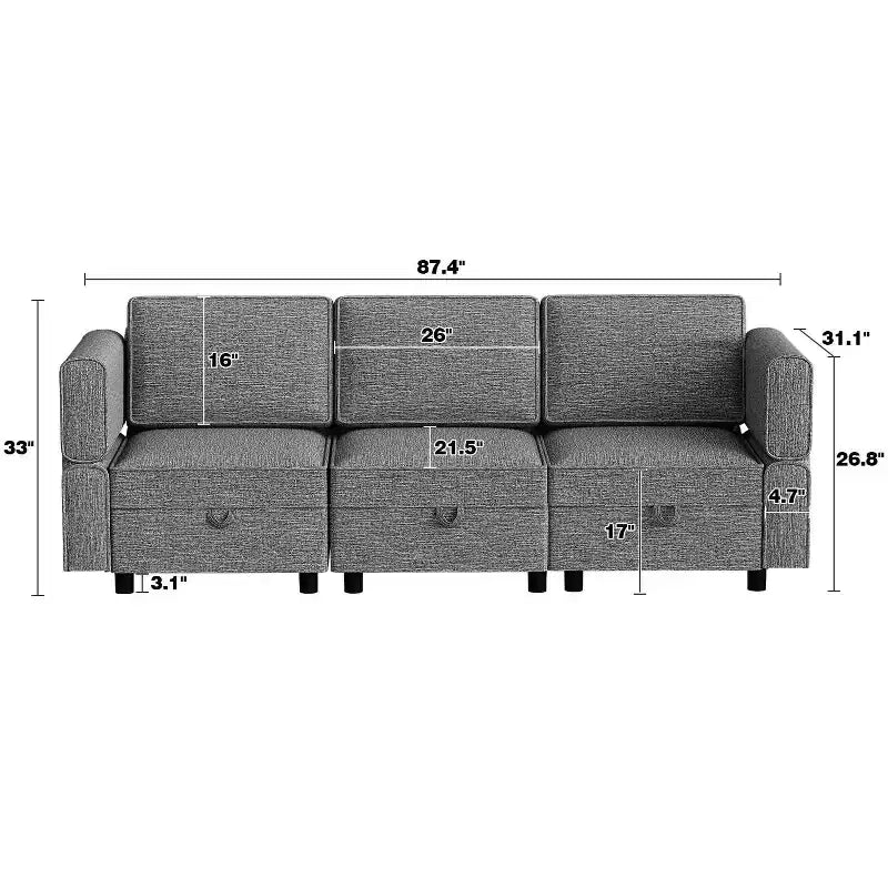 Sectional Sofa Lounge Sofa  87.4 Wide, Armrest + 3 Middle Modules, Deep 33 Seat, 26.8 Back, Tool-Free Snap Connectors for Living Room, Grey