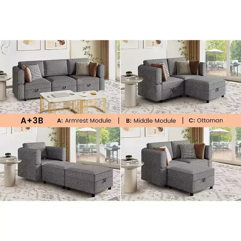 Sectional Sofa Lounge Sofa  87.4 Wide, Armrest + 3 Middle Modules, Deep 33 Seat, 26.8 Back, Tool-Free Snap Connectors for Living Room, Grey