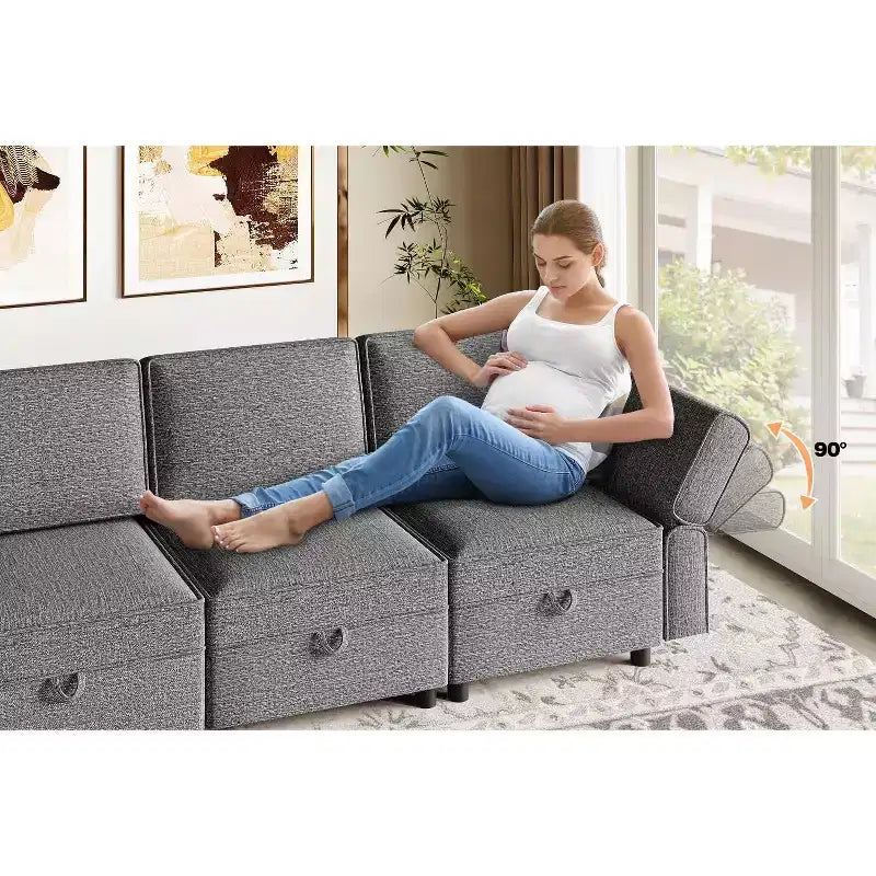 Sectional Sofa Lounge Sofa  87.4 Wide, Armrest + 3 Middle Modules, Deep 33 Seat, 26.8 Back, Tool-Free Snap Connectors for Living Room, Grey