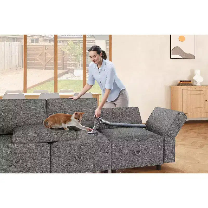 Sectional Sofa Lounge Sofa  87.4 Wide, Armrest + 3 Middle Modules, Deep 33 Seat, 26.8 Back, Tool-Free Snap Connectors for Living Room, Grey
