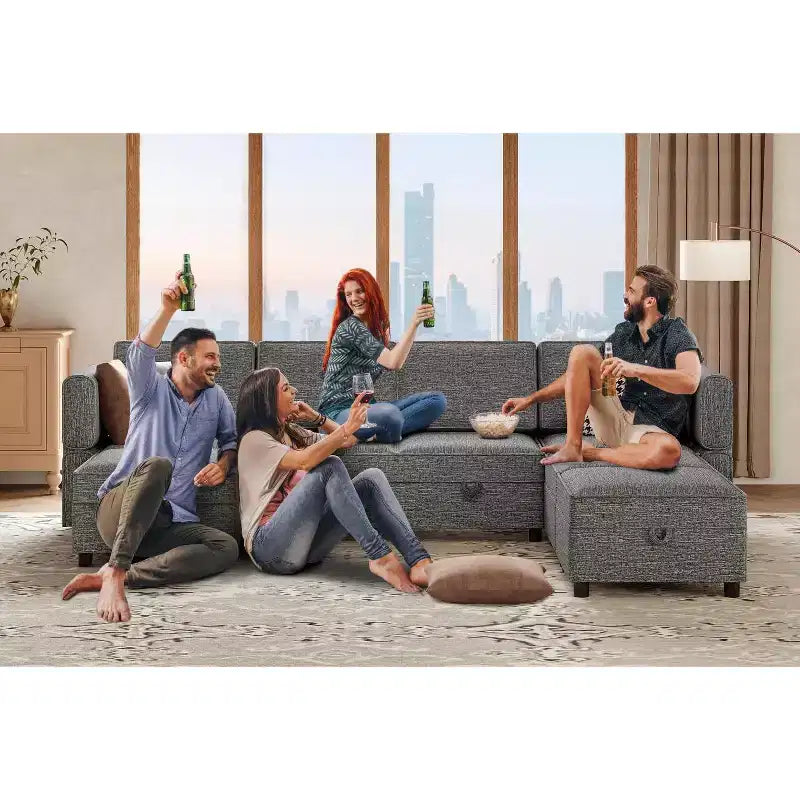 Sectional Sofa Lounge Sofa  87.4 Wide, Armrest + 3 Middle Modules, Deep 33 Seat, 26.8 Back, Tool-Free Snap Connectors for Living Room, Grey