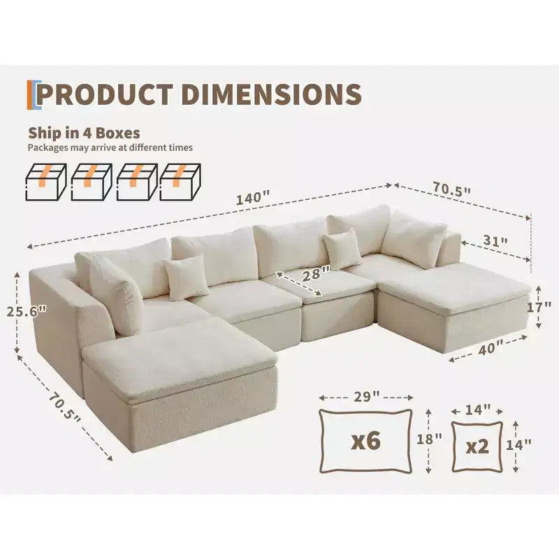 Sofa, Modular Sectional 140 U-Shaped  Cloud Boneless Couch with Double Chaise/Ottoman Chenille Memory Foam Pillows for Living Room