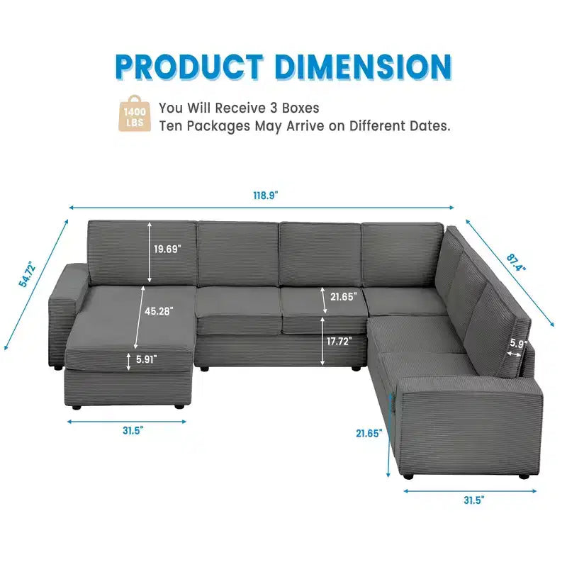 Sofa, Modular Sectional 10-Seater  Convertible U-Shaped Chaise Sleeper Sofa Wide Armrests Corduroy Cloud Couch for Living Room/Bedroom