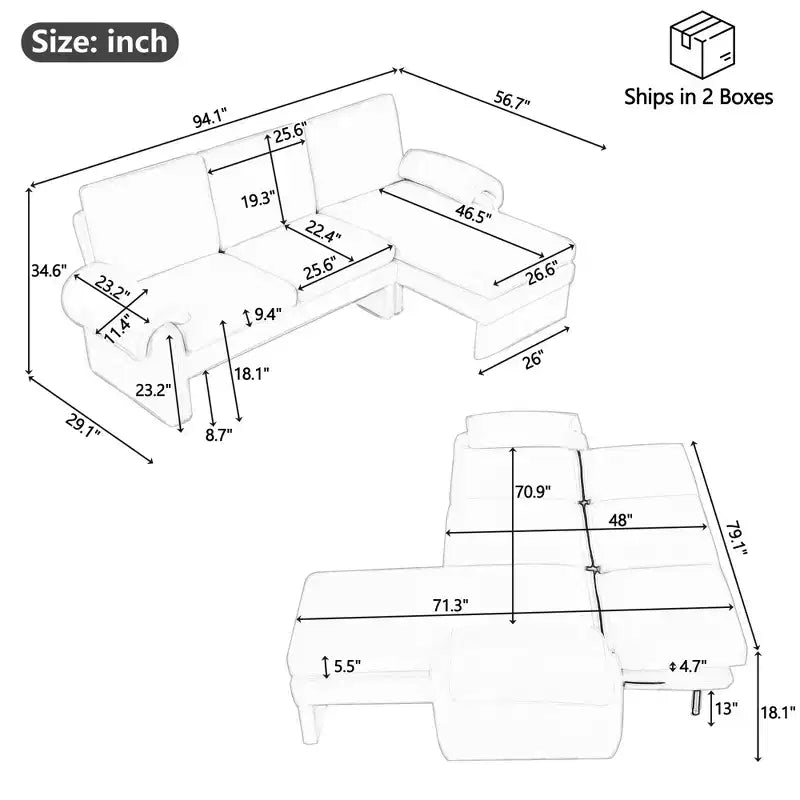 94 Modern L-Shaped Sofa, Sectional Sofa With Convertible Chaise, 90-180 Adjustable Backrest