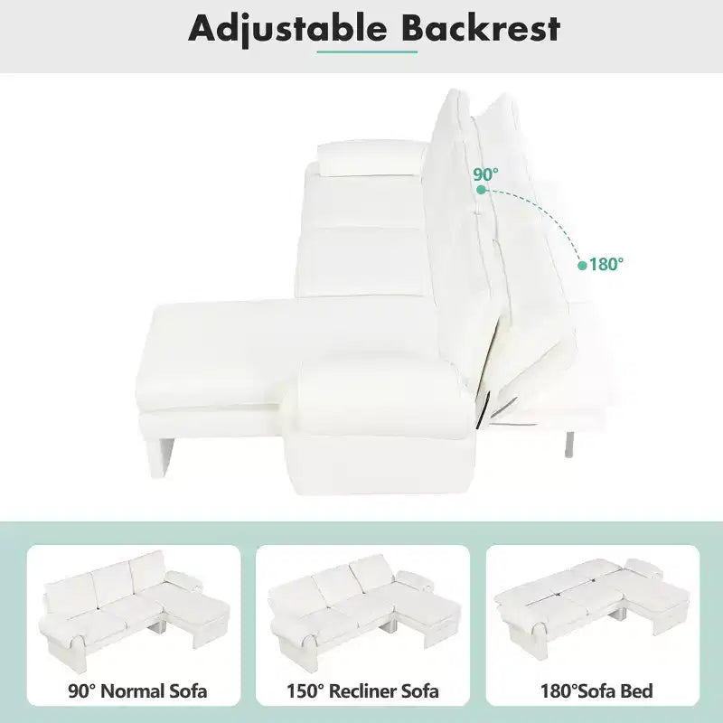 94 Modern L-Shaped Sofa, Sectional Sofa With Convertible Chaise, 90-180 Adjustable Backrest