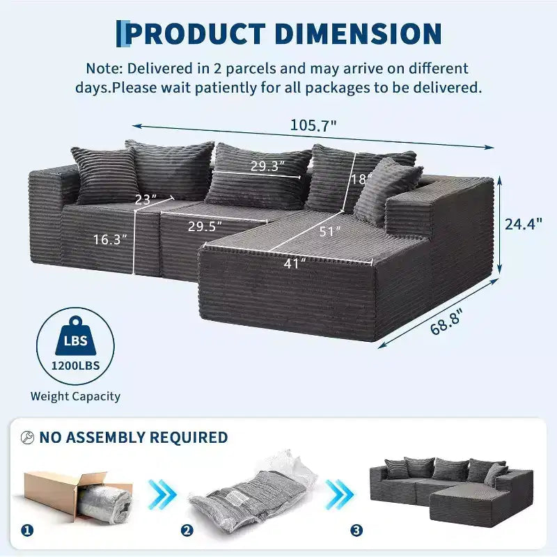 Acekool 108-Inch Cloud Modular Sectional Sofa with Chaise, Plush Boneless L-Shape Couch for Living Room
