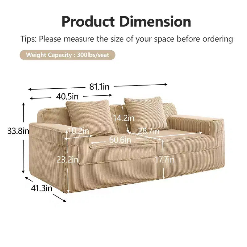Modular Small Sectional Sofa, Corduroy Deep Seat Loveseat, Modern Cloud Sectional Couch for Living Room, Bedroom, or Apartment-Panipeachy