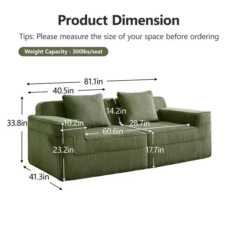 Modular Small Sectional Sofa, Corduroy Deep Seat Loveseat, Modern Cloud Sectional Couch for Living Room, Bedroom, or Apartment-Panipeachy