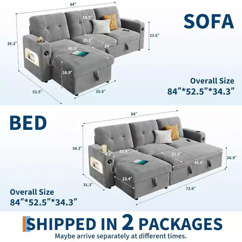 Acekool 84 Inch Sleeper Sofa Couch L-Shaped Pull Out Bed with Storage and Modern Sectional for Living Room