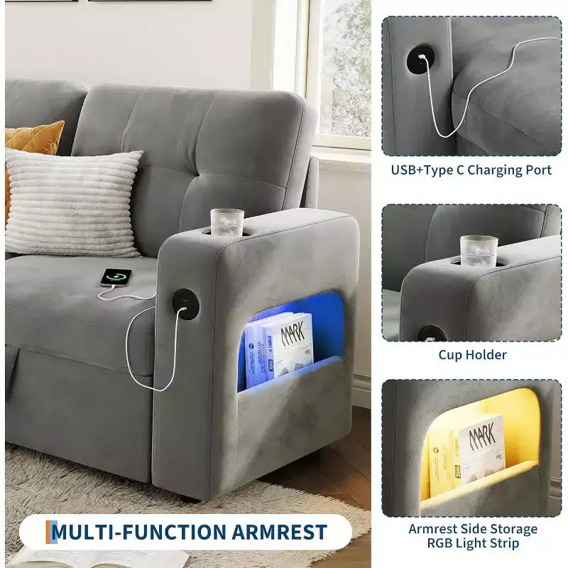 Acekool 84 Inch Sleeper Sofa Couch L-Shaped Pull Out Bed with Storage and Modern Sectional for Living Room