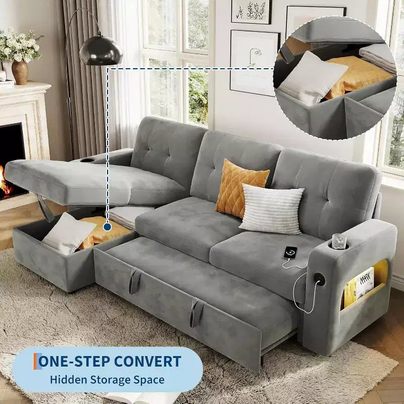 Acekool 84 Inch Sleeper Sofa Couch L-Shaped Pull Out Bed with Storage and Modern Sectional for Living Room