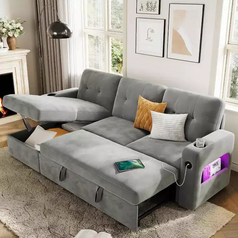 Acekool 84 Inch Sleeper Sofa Couch L-Shaped Pull Out Bed with Storage and Modern Sectional for Living Room